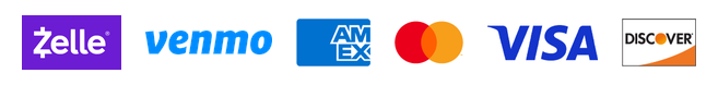 We accept Zelle, Venmo, American Express, Mastercard, Visa, and Discover
